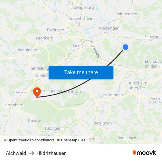 Aichwald to Hildrizhausen map