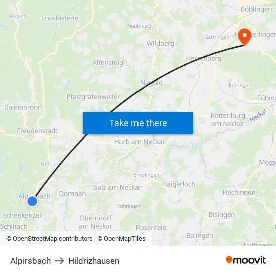 Alpirsbach to Hildrizhausen map