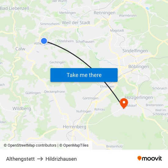 Althengstett to Hildrizhausen map