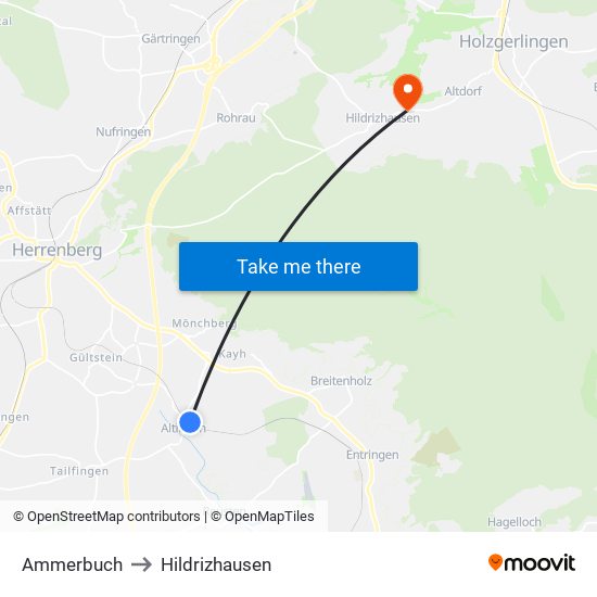 Ammerbuch to Hildrizhausen map