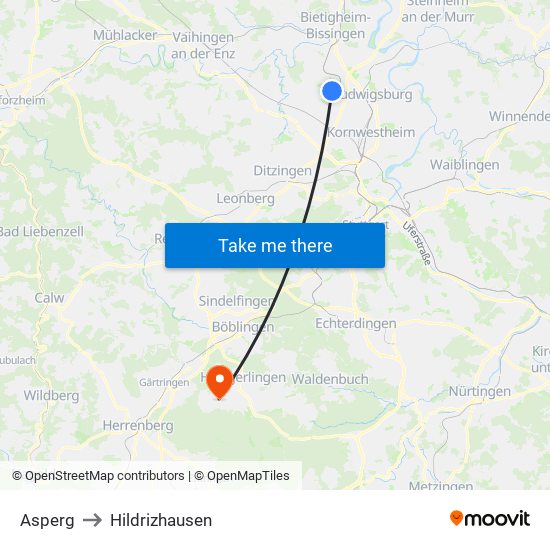 Asperg to Hildrizhausen map