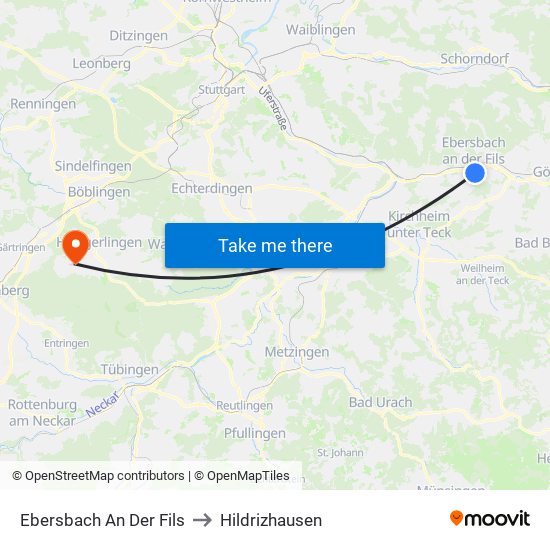 Ebersbach An Der Fils to Hildrizhausen map