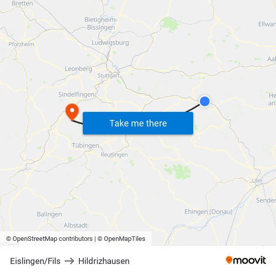 Eislingen/Fils to Hildrizhausen map