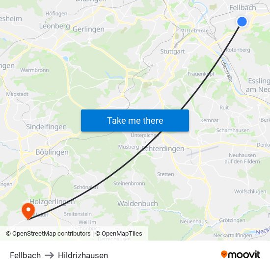Fellbach to Hildrizhausen map