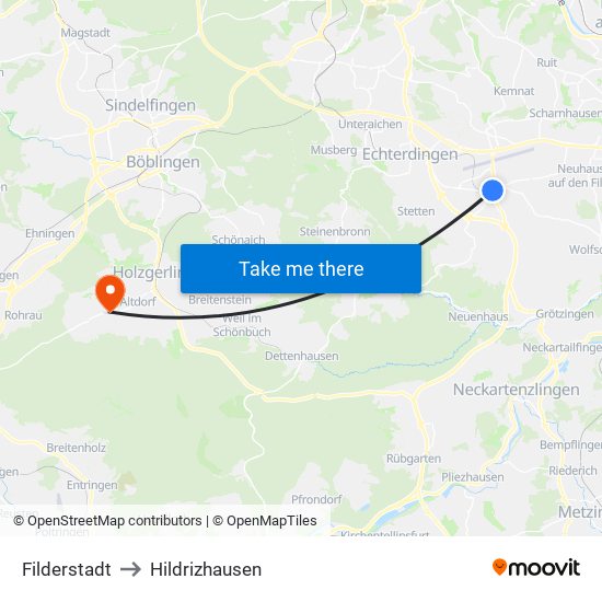 Filderstadt to Hildrizhausen map