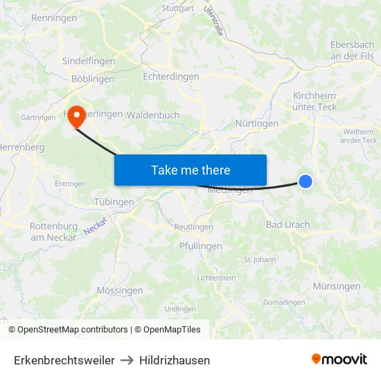 Erkenbrechtsweiler to Hildrizhausen map