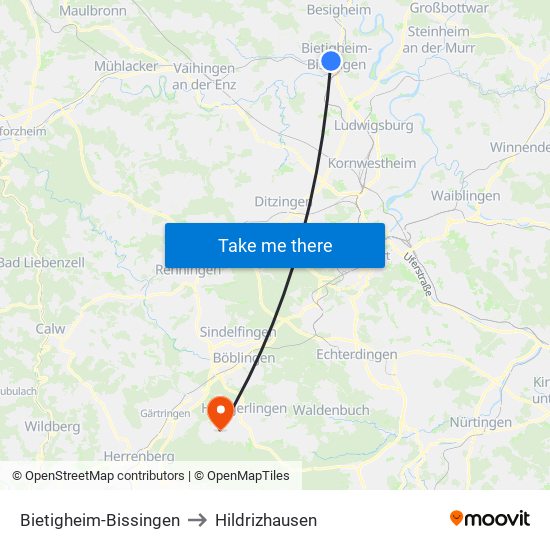 Bietigheim-Bissingen to Hildrizhausen map
