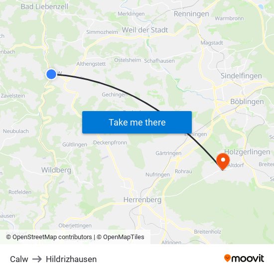 Calw to Hildrizhausen map