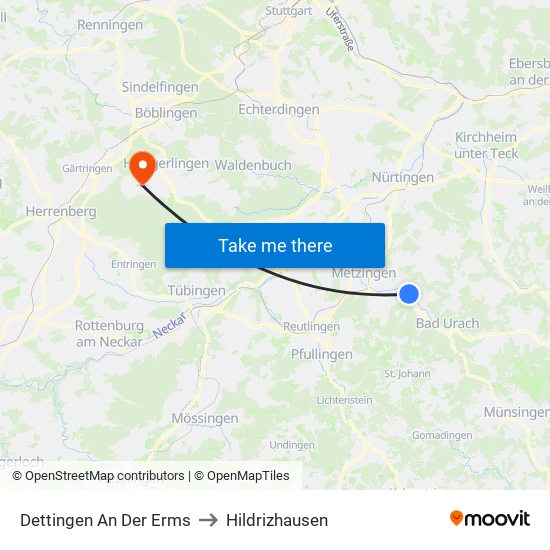 Dettingen An Der Erms to Hildrizhausen map