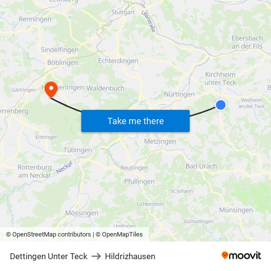 Dettingen Unter Teck to Hildrizhausen map