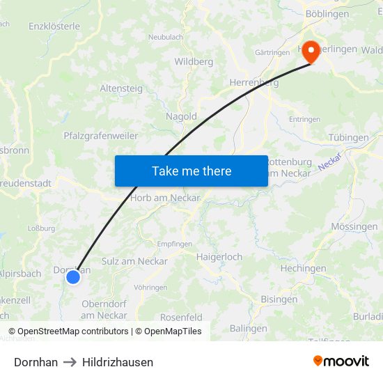 Dornhan to Hildrizhausen map