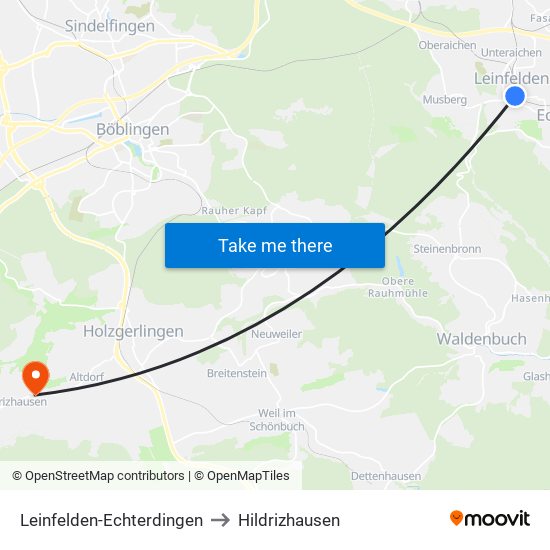 Leinfelden-Echterdingen to Hildrizhausen map