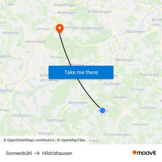 Sonnenbühl to Hildrizhausen map