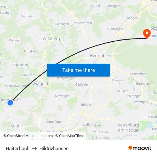 Haiterbach to Hildrizhausen map