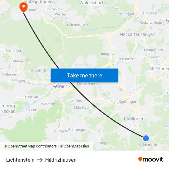 Lichtenstein to Hildrizhausen map