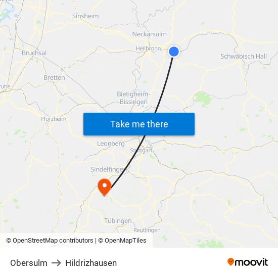 Obersulm to Hildrizhausen map