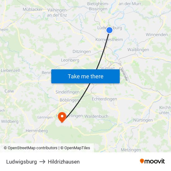 Ludwigsburg to Hildrizhausen map