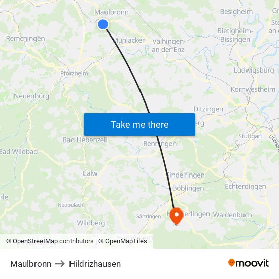 Maulbronn to Hildrizhausen map