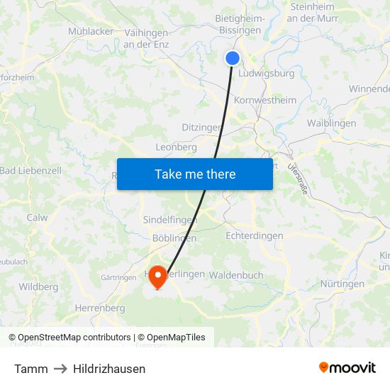 Tamm to Hildrizhausen map