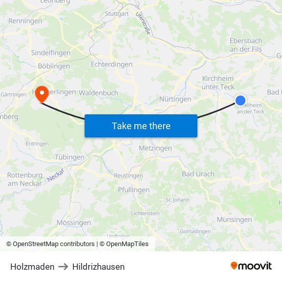 Holzmaden to Hildrizhausen map