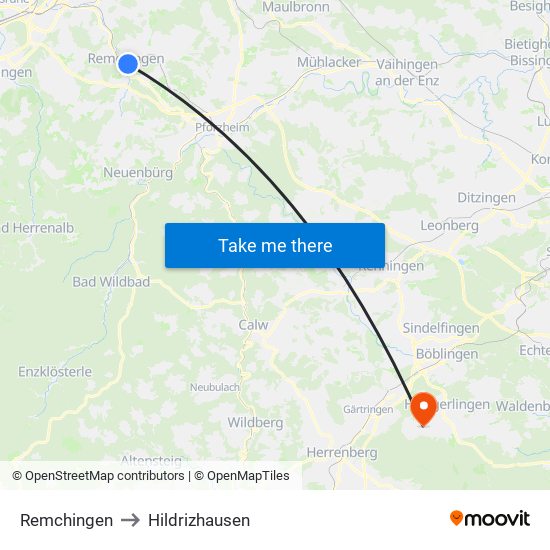 Remchingen to Hildrizhausen map