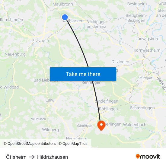 Ötisheim to Hildrizhausen map