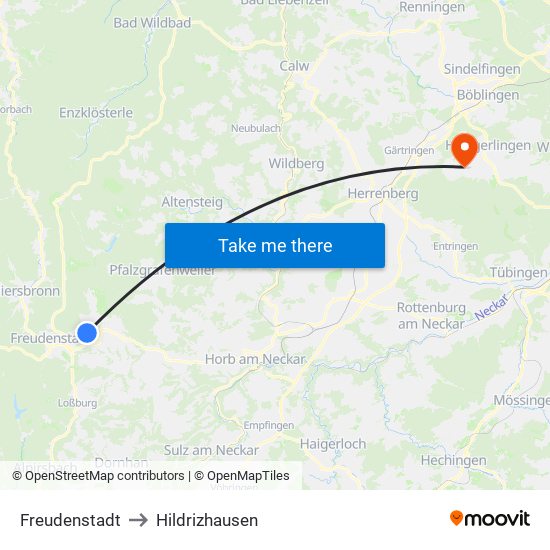 Freudenstadt to Hildrizhausen map