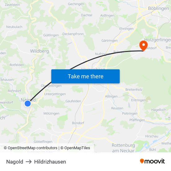 Nagold to Hildrizhausen map