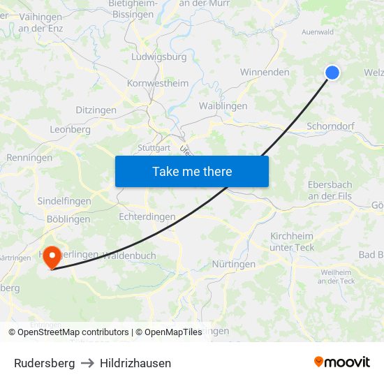 Rudersberg to Hildrizhausen map