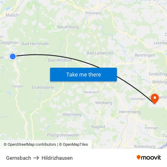 Gernsbach to Hildrizhausen map