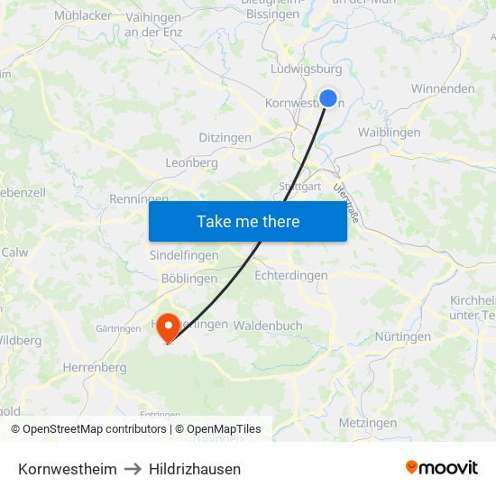 Kornwestheim to Hildrizhausen map