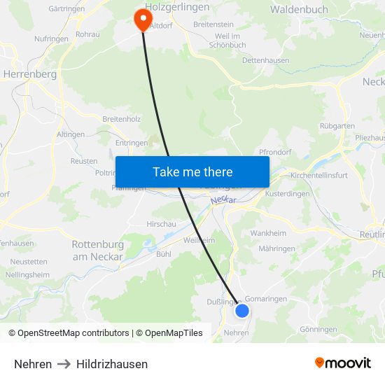 Nehren to Hildrizhausen map