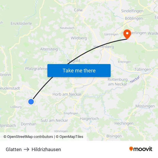 Glatten to Hildrizhausen map