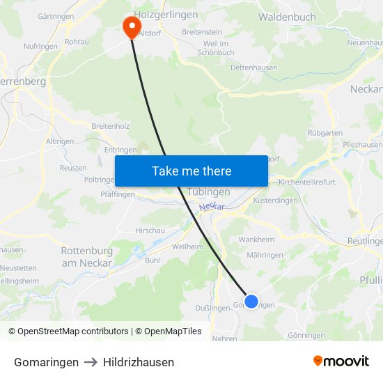 Gomaringen to Hildrizhausen map