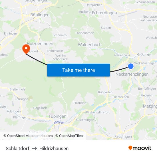 Schlaitdorf to Hildrizhausen map