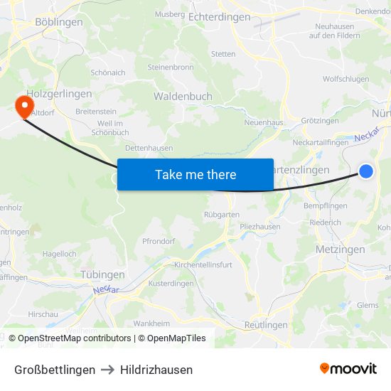 Großbettlingen to Hildrizhausen map