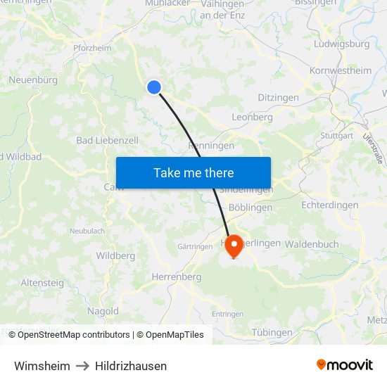 Wimsheim to Hildrizhausen map