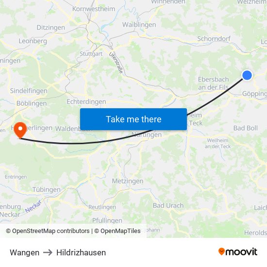 Wangen to Hildrizhausen map