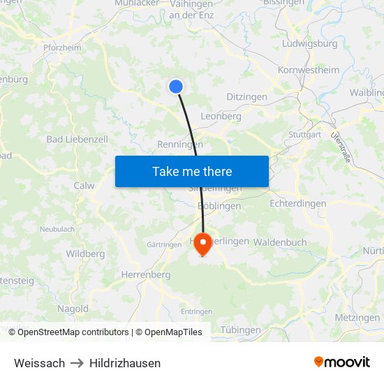 Weissach to Hildrizhausen map