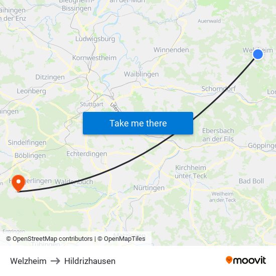 Welzheim to Hildrizhausen map