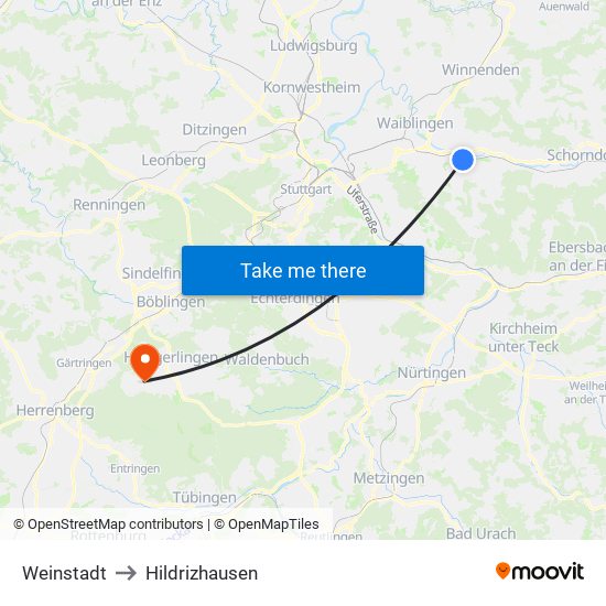 Weinstadt to Hildrizhausen map
