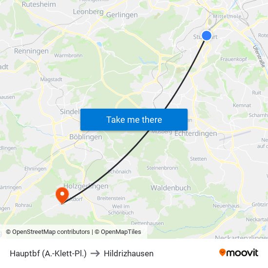 Hauptbf (A.-Klett-Pl.) to Hildrizhausen map