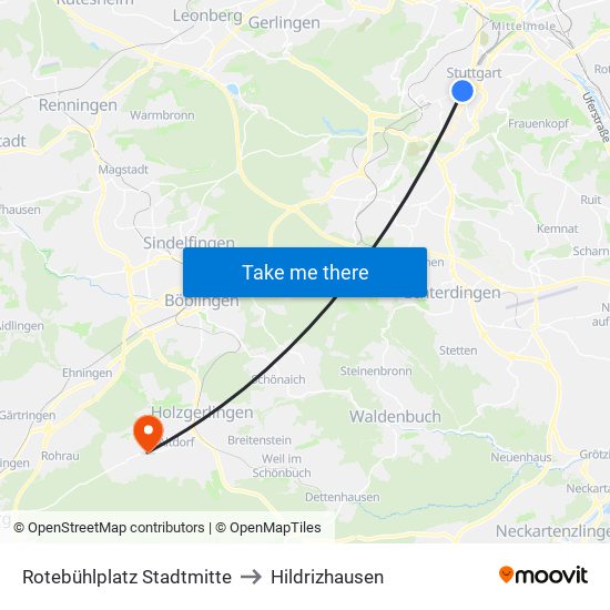 Rotebühlplatz Stadtmitte to Hildrizhausen map