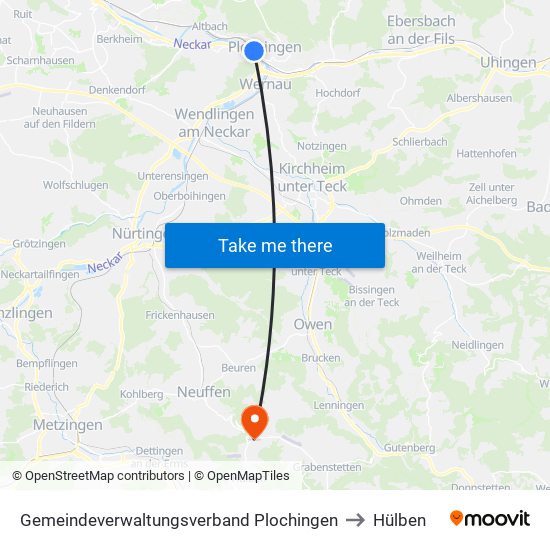Gemeindeverwaltungsverband Plochingen to Hülben map