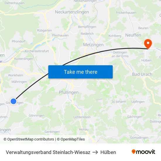 Verwaltungsverband Steinlach-Wiesaz to Hülben map