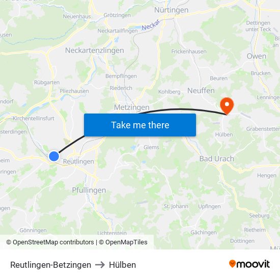 Reutlingen-Betzingen to Hülben map