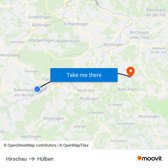 Hirschau to Hülben map