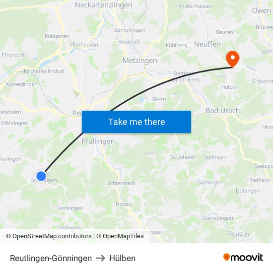 Reutlingen-Gönningen to Hülben map