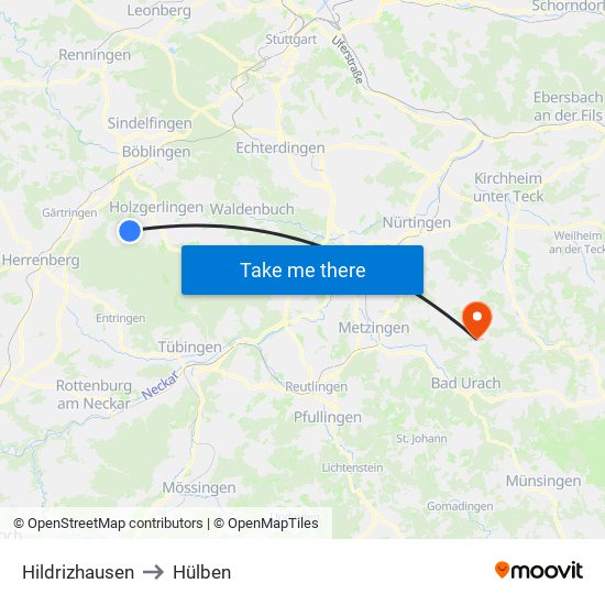 Hildrizhausen to Hülben map