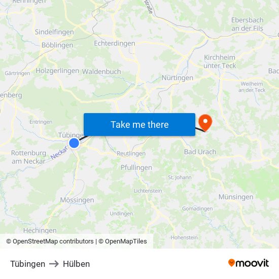 Tübingen to Hülben map